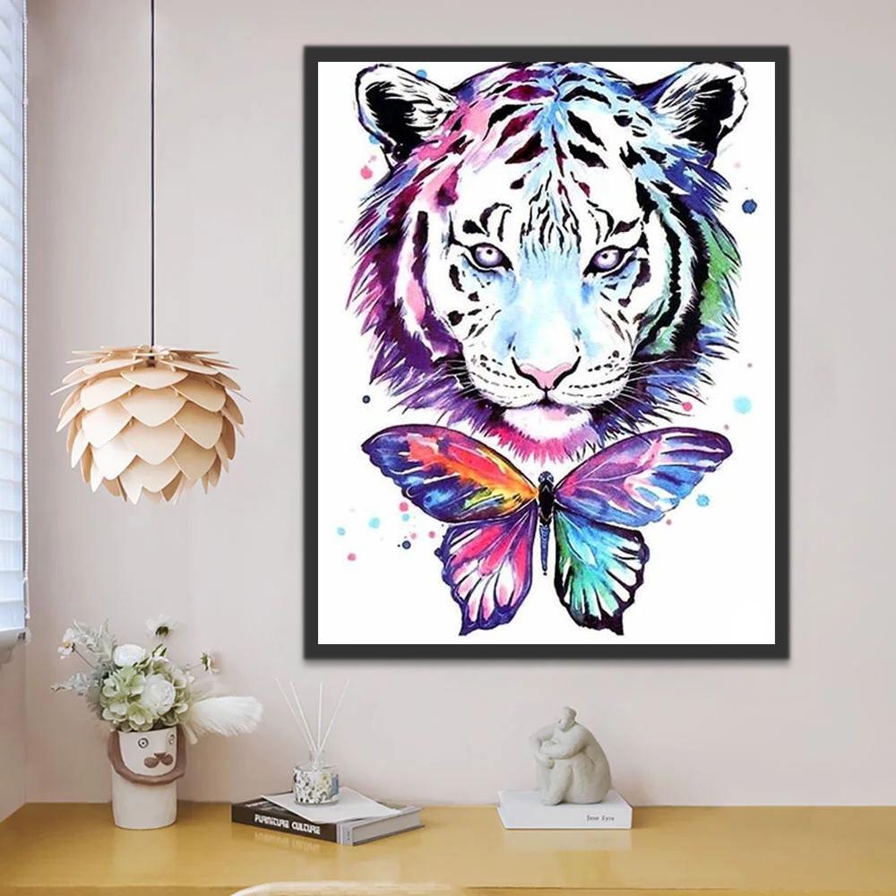 Tigre Blanc et Papillon Multicolore Peinture par Numéros