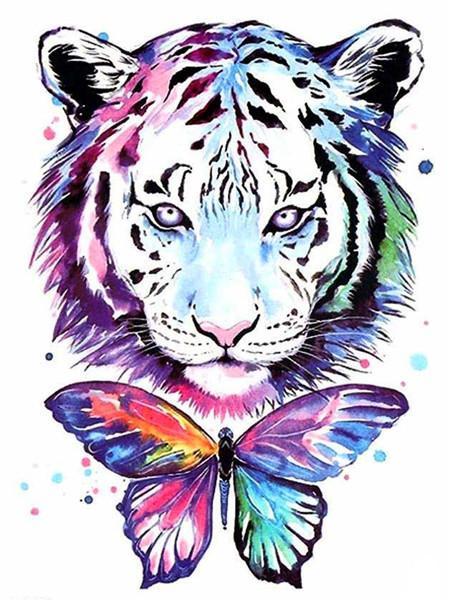 Tigre Blanc et Papillon Multicolore Peinture par Numéros