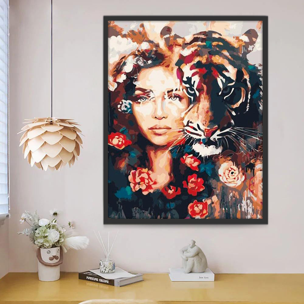 Tigre et Femme avec des Roses Rouges Peinture par Numéros
