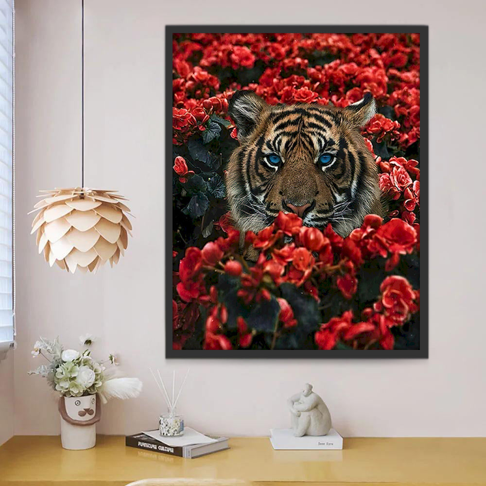 Tigre et les Fleurs Rouges Peinture par Numéros