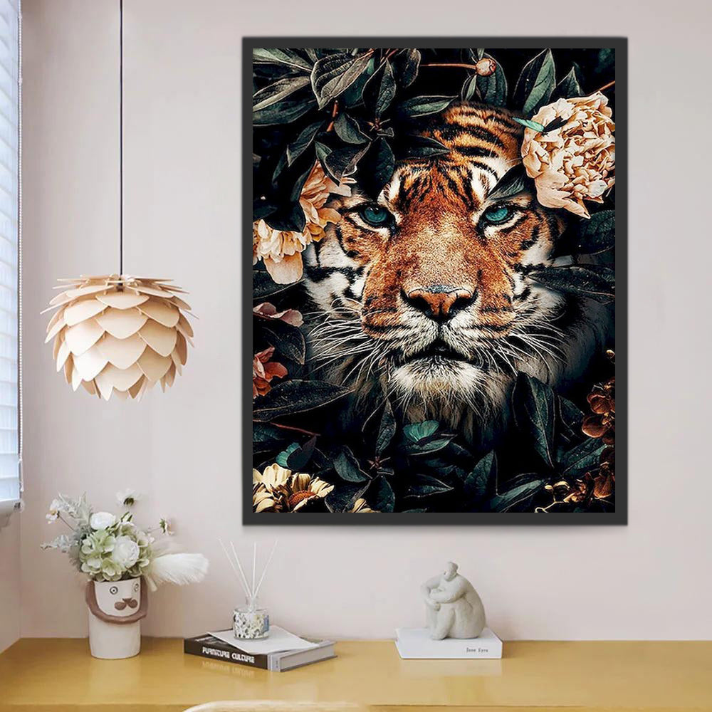 Tigre et Pivoines Roses Claires Peinture par Numéros