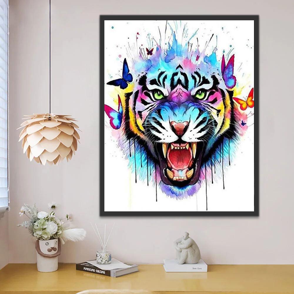 Tigre Féroce et Papillons Colorés Peinture par Numéros
