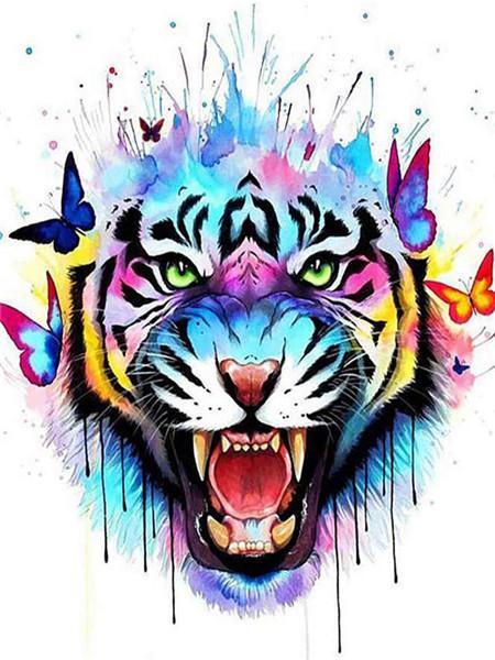 Tigre Féroce et Papillons Colorés Peinture par Numéros