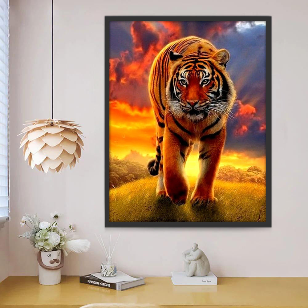Tigre Marchant sous le Soleil Couchant Peinture par Numéros