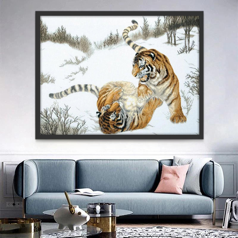 Tigres se Battant dans la Neige Peinture par Numéros