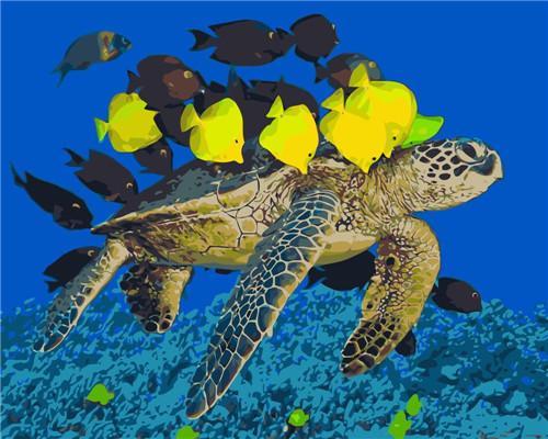 Tortue et Poissons Jaunes Peinture par Numéros