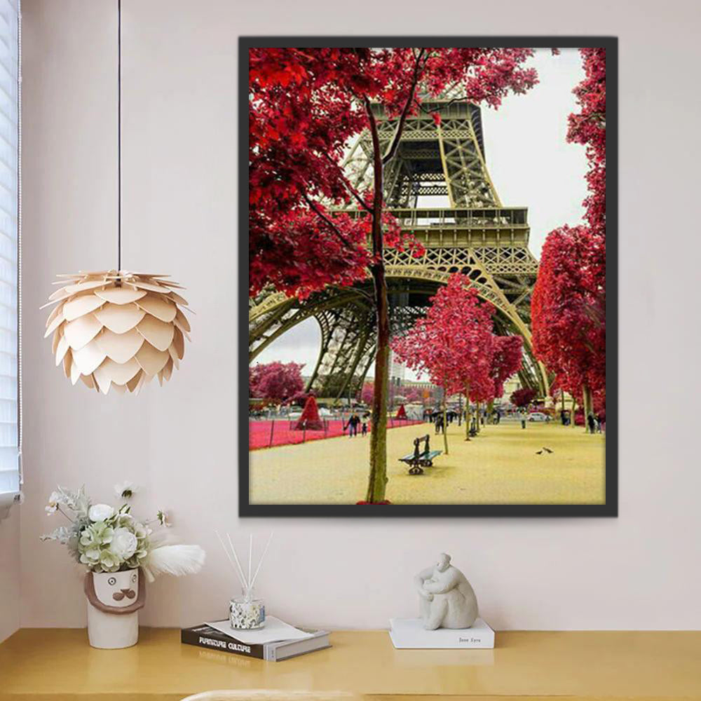 Tour Eiffel et Feuilles Rouges Peinture par Numéros