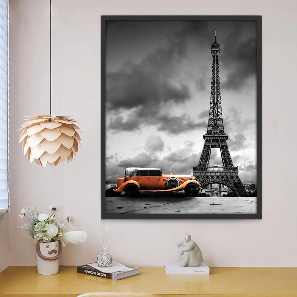 Tour Eiffel et Voiture Orange Peinture par Numéros