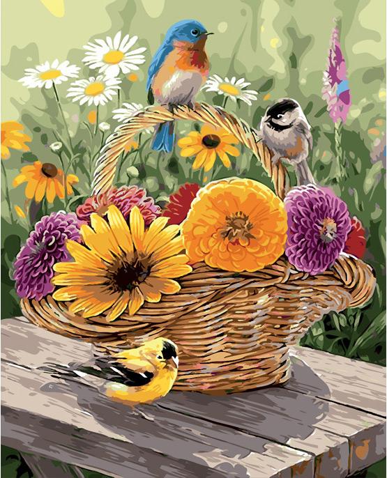 Tournesol Chrysanthèmes et Mésanges Peinture par Numéros