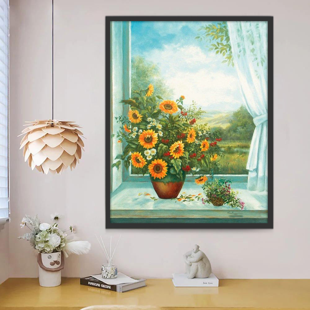 Tournesol près de la Fênetre Paysage Nature Peinture par Numéros
