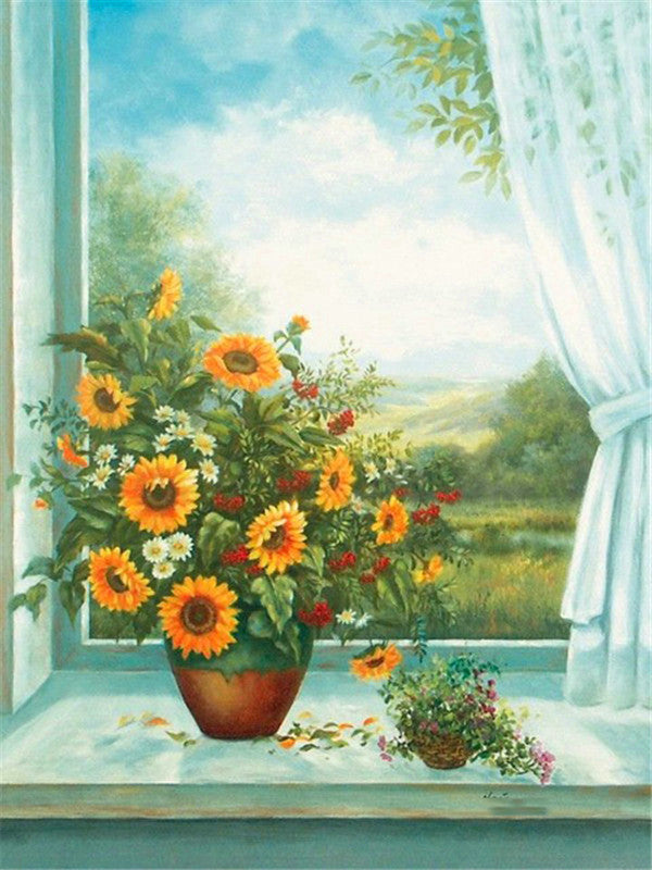 Tournesol près de la Fênetre Paysage Nature Peinture par Numéros
