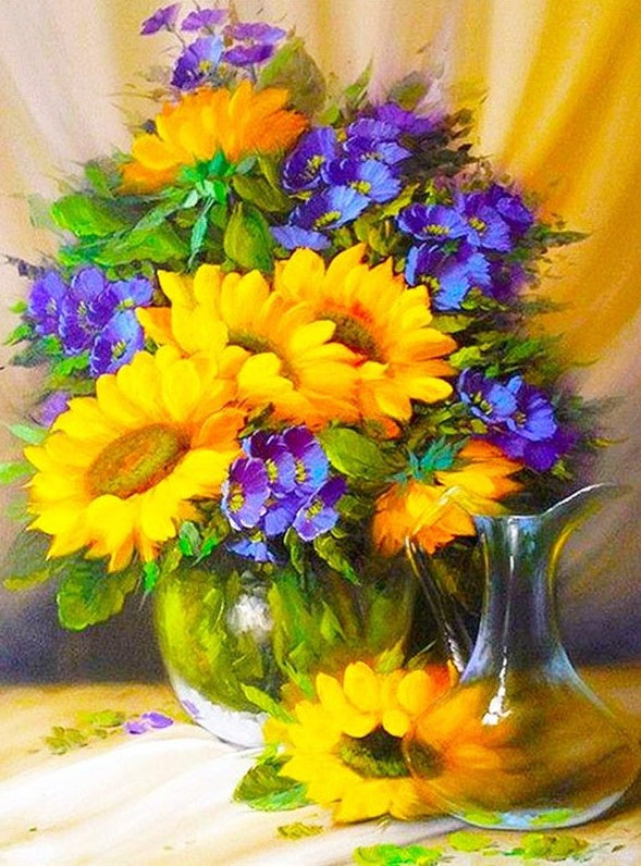 Tournesols et Fleurs Violettes Peinture par Numéros