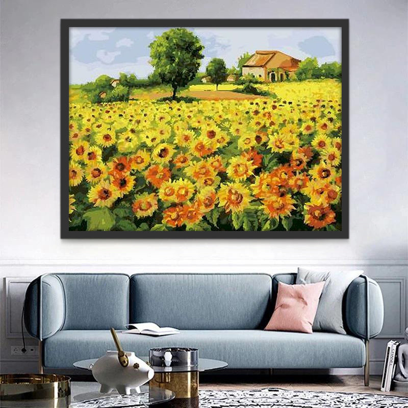 Tournesols et Maison Peinture par Numéros