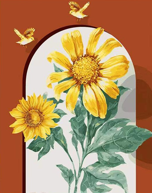Tournesols et Mésanges Dorées Peinture par Numéros