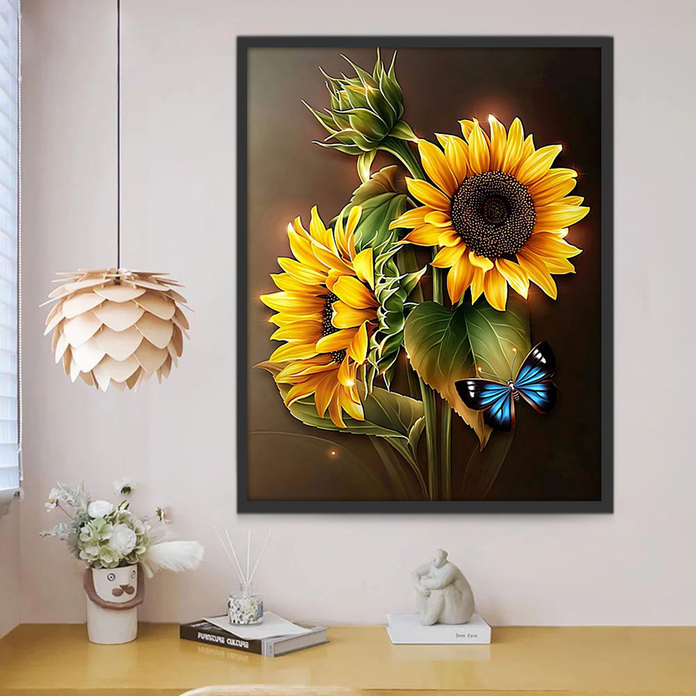 Tournesols et Papillon Bleu Peinture par Numéros