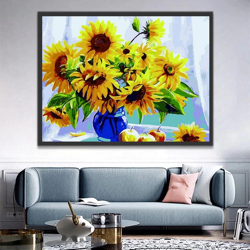 Tournesols et Vase Bleu Peinture par Numéros