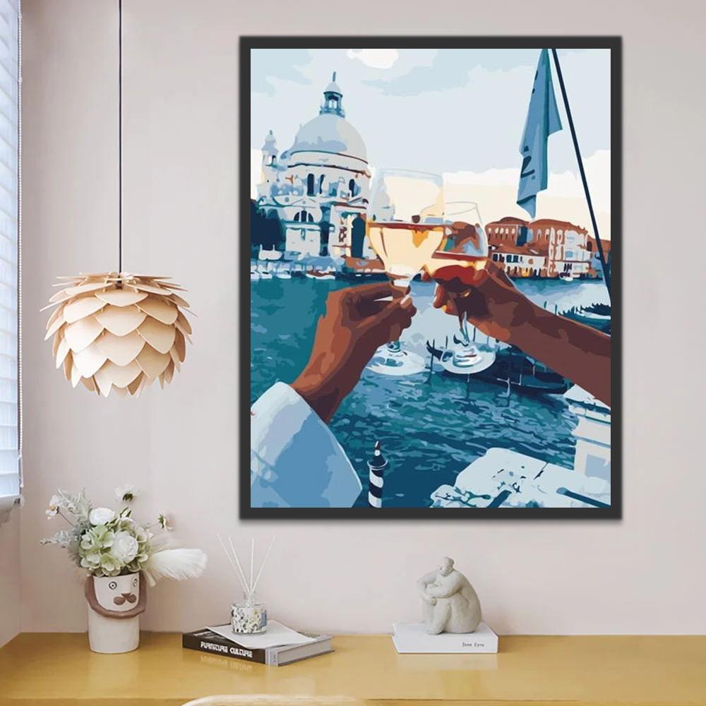 Trinquer à Un Verre au Coucher du Soleil Peinture par Numéros
