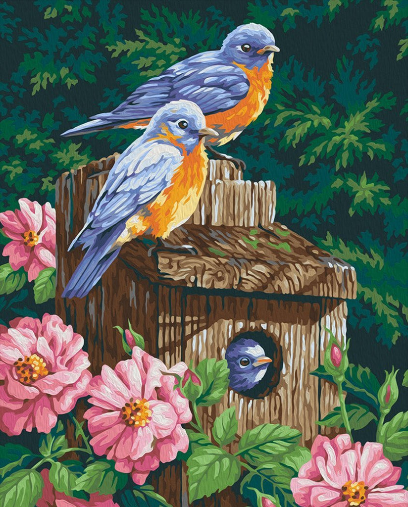 Trois Mésanges et Fleurs Roses Peinture par Numéros