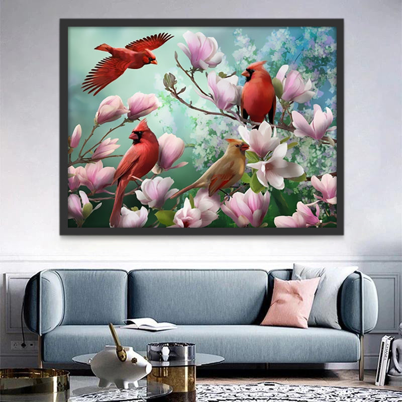 Trois Oiseaux Rouges et un Oiseau Vert Peinture par Numéros