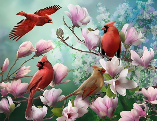 Trois Oiseaux Rouges et un Oiseau Vert Peinture par Numéros