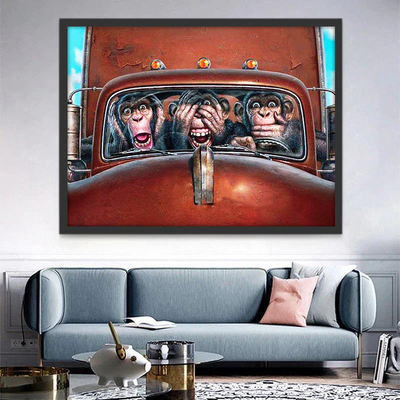 Trois Orangs-Outans dans la Voiture Peinture par Numéros