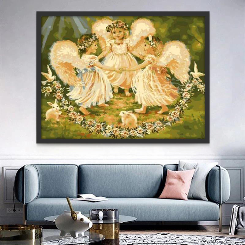 Trois Petits Anges et Lapins Peinture par Numéros