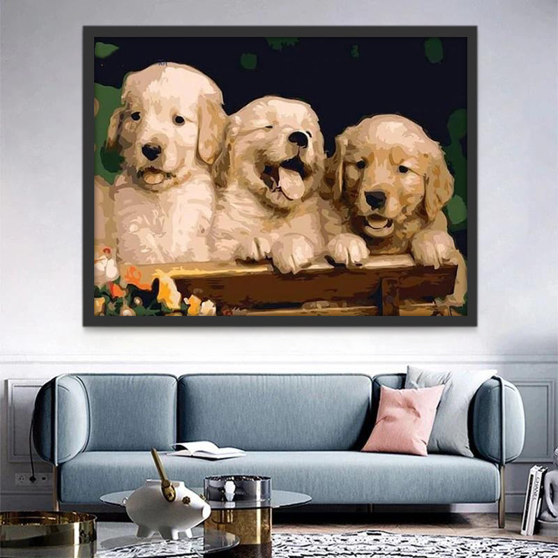 Trois Petits Golden Retrievers Peinture par Numéros