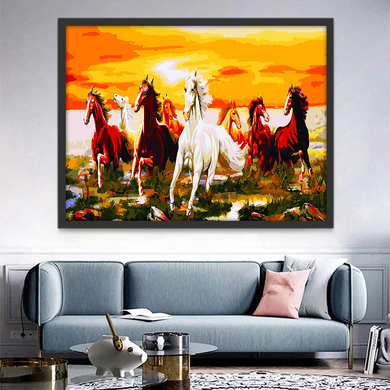 Troupeau de Chevaux sous le Soleil Couchant Peinture par Numéros