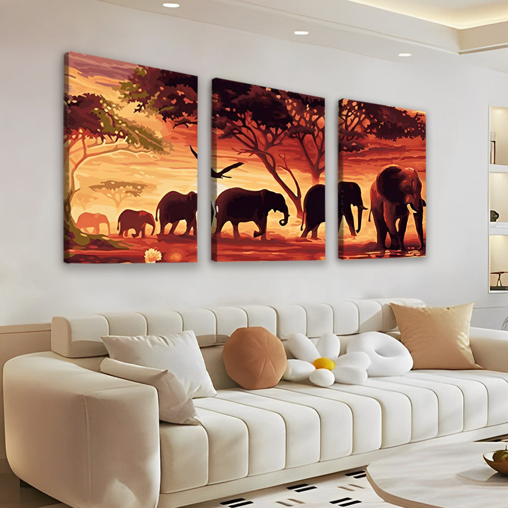 Troupeaux d’Éléphants avec le Soleil Couchant 3 Partie Peinture par Numéros