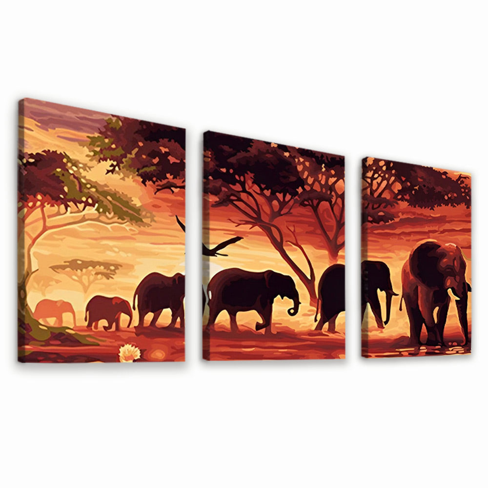 Troupeaux d’Éléphants avec le Soleil Couchant 3 Partie Peinture par Numéros
