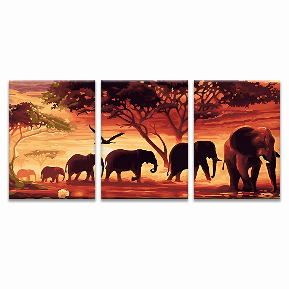 Troupeaux d’Éléphants avec le Soleil Couchant 3 Partie Peinture par Numéros