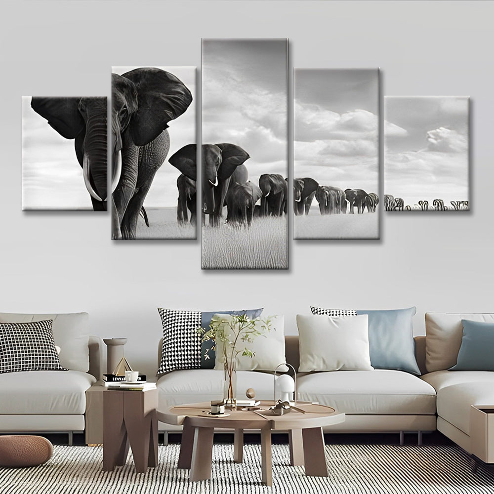 Troupeaux d'Éléphants Blancs et Noirs 5 Partie Peinture par Numéros