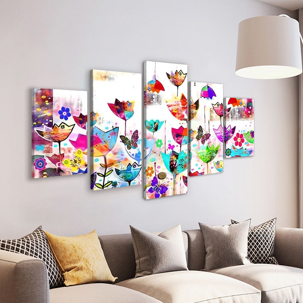Tulipes Colorées et Papillon 5 Partie Peinture par Numéros