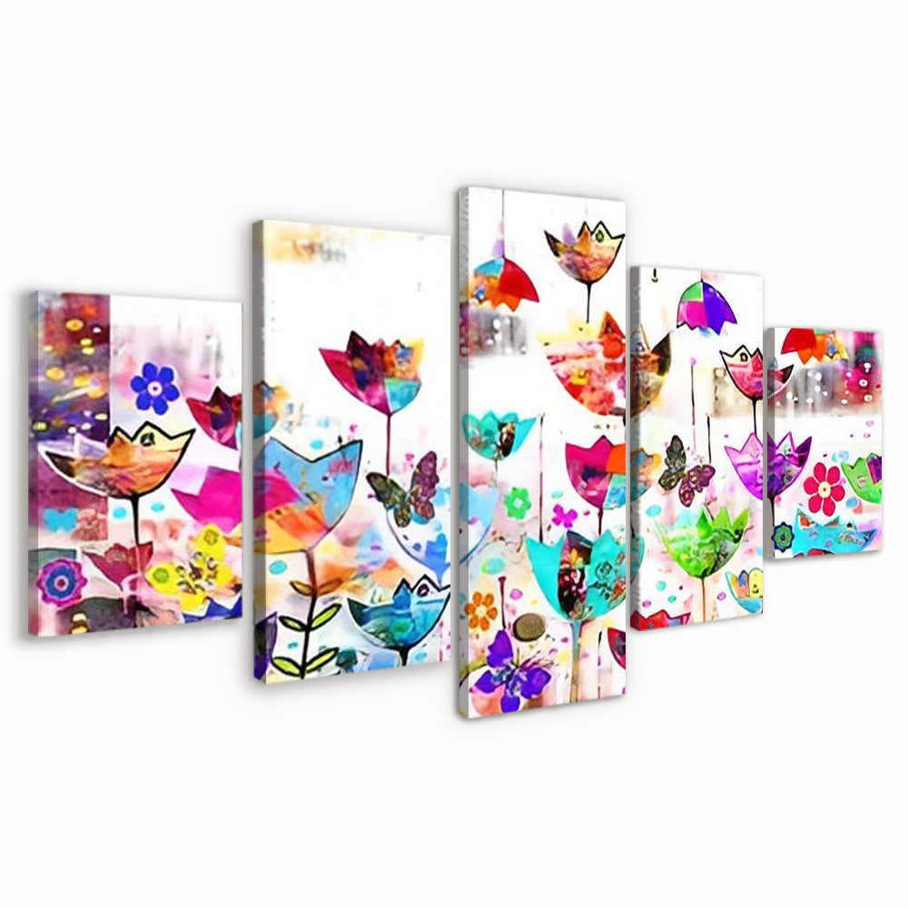 Tulipes Colorées et Papillon 5 Partie Peinture par Numéros