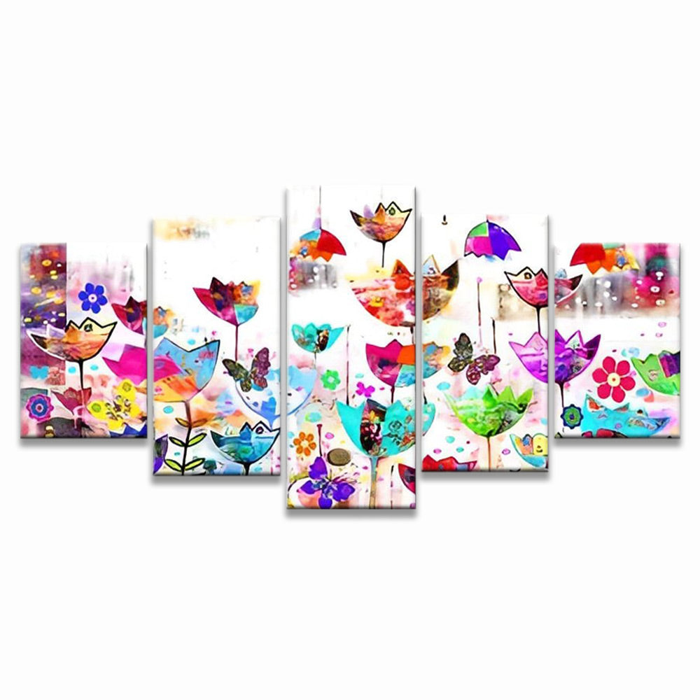 Tulipes Colorées et Papillon 5 Partie Peinture par Numéros