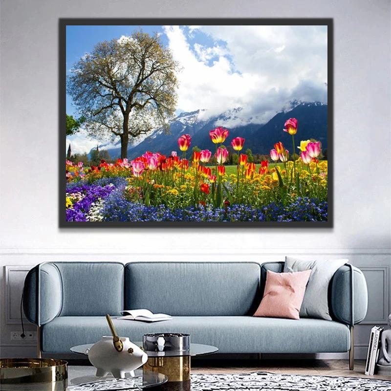 Tulipes et Montagnes Peinture par Numéros