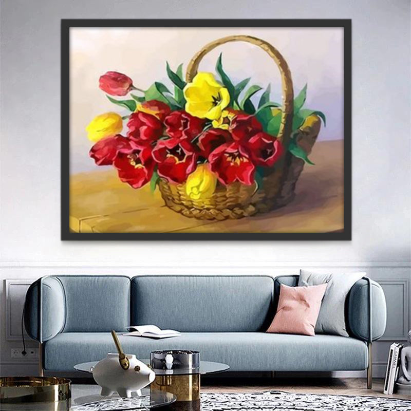 Tulipes Multicolores dans le Panier Fleur Peinture par Numéros