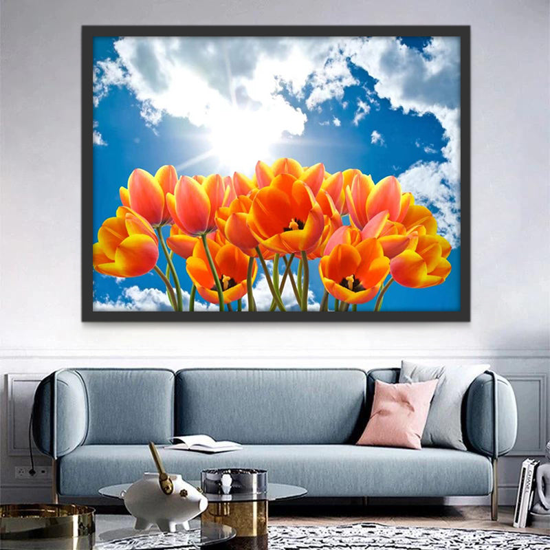 Tulipes Oranges et Ciel Blanc Peinture par Numéros