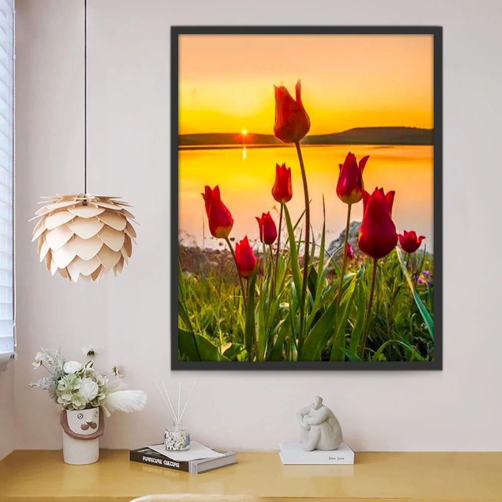 Tulipes Roses et Soleil Couchant Peinture par Numéros