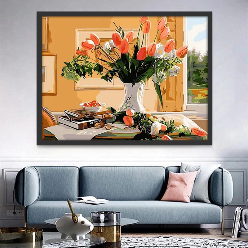 Tulipes Roses et Soleil Peinture par Numéros