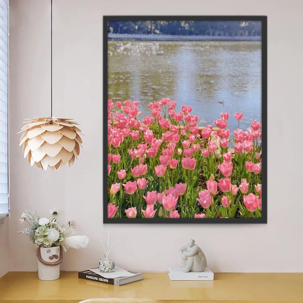 Tulipes Roses Rivière Peinture par Numéros