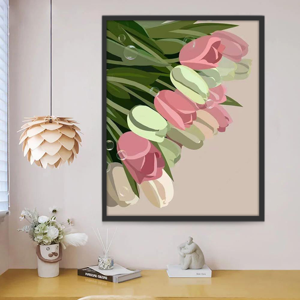 Tulipes Roses Vertes et Blanches Fleur Peinture par Numéros
