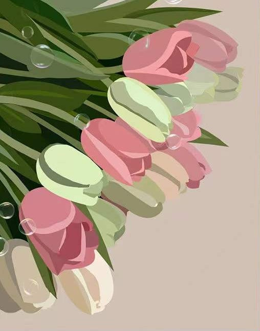 Tulipes Roses Vertes et Blanches Fleur Peinture par Numéros