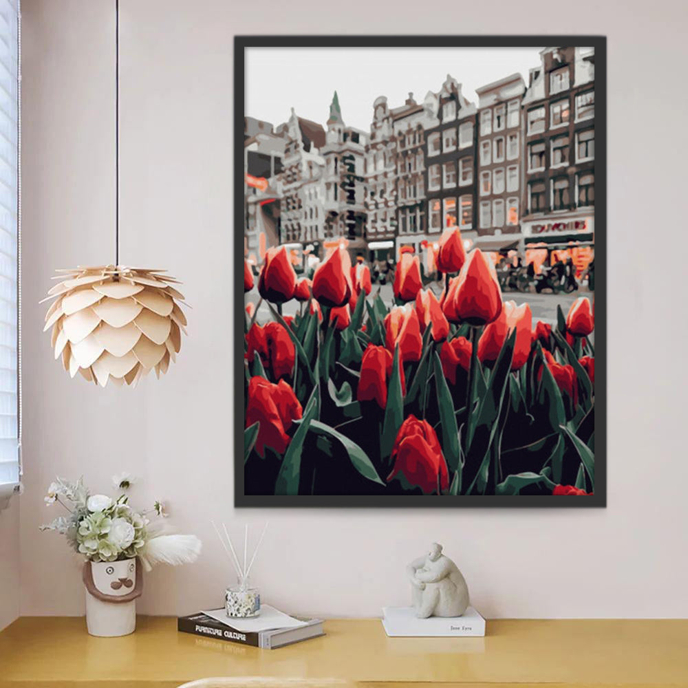 Tulipes Rouges Paysage Ville Peinture par Numéros