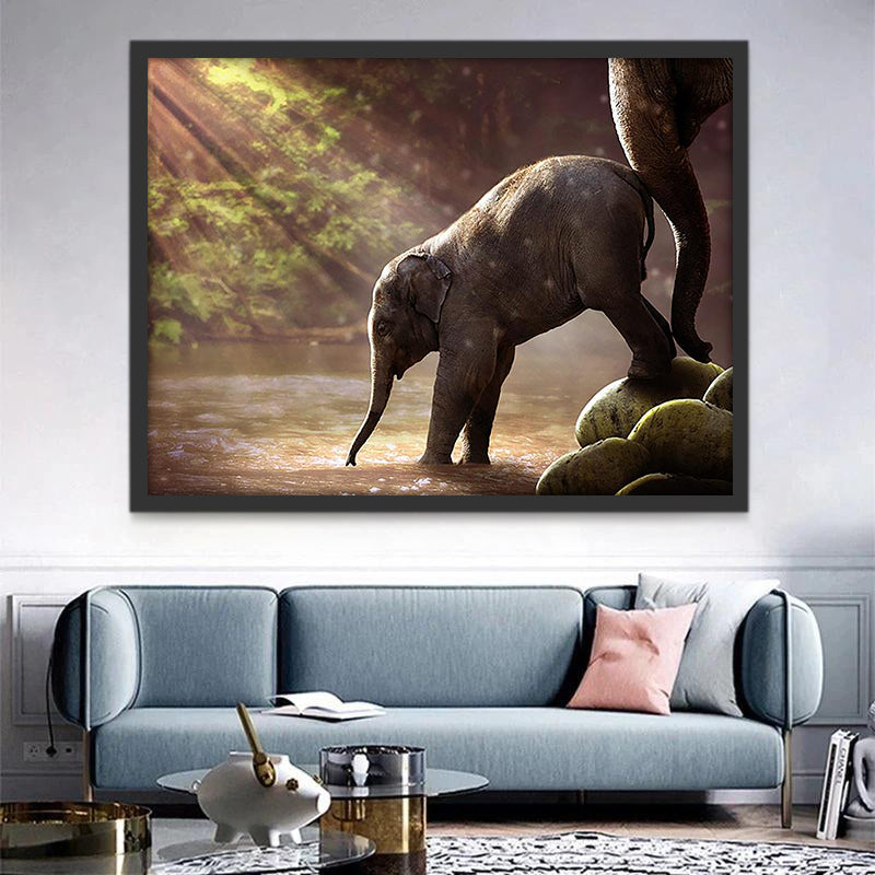 Un Bébé Éléphant Traversant la Rivière Peinture par Numéros