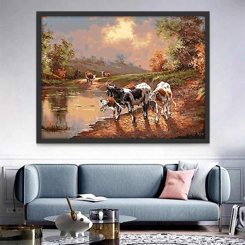 Vaches Buvant de l'eau Peinture par Numéros