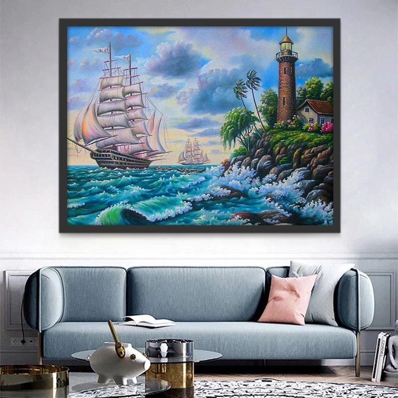 Vagues Bateaux et Phare Peinture par Numéros