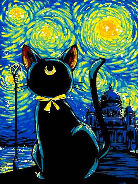 Van Gogh Nuit Etoilée et Chat Noir Peinture par Numéros