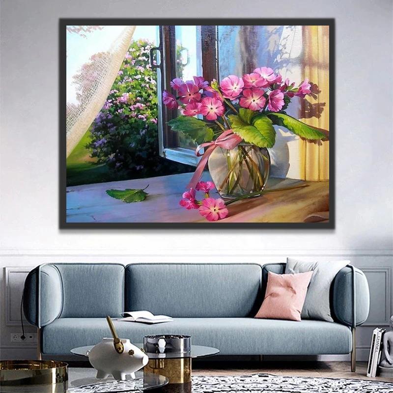 Vase de Fleurs Roses près de la Fenêtre Peinture par Numéros