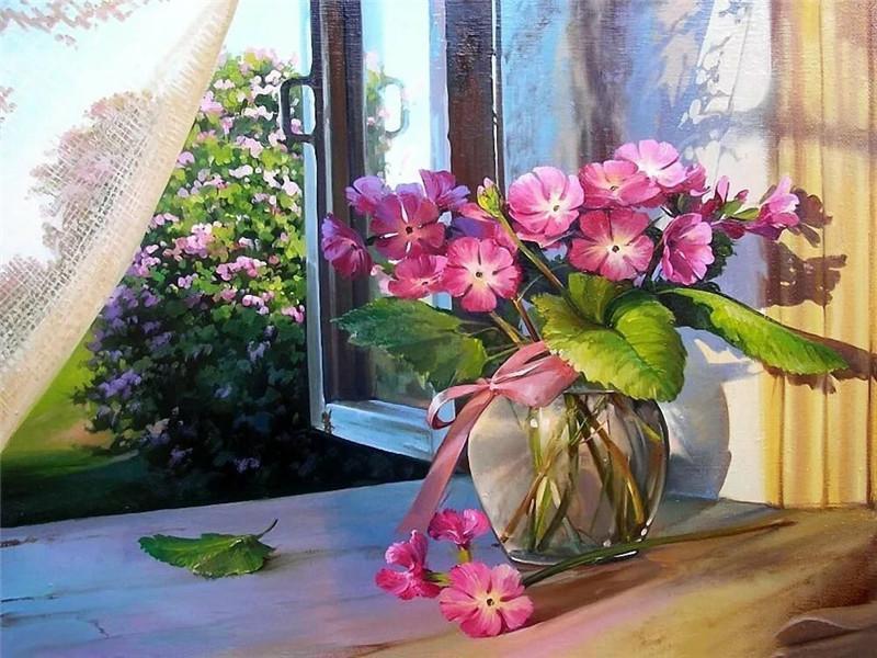 Vase de Fleurs Roses près de la Fenêtre Peinture par Numéros
